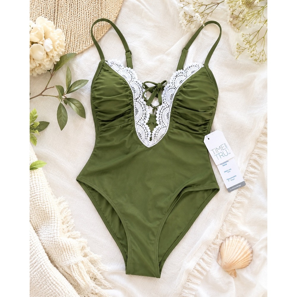 One Piece Swimsuit Naples Green Lace Trim V-Neck Small 4-6 NEW Cottagecore